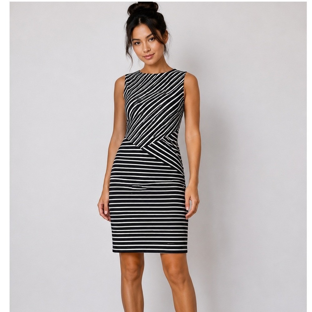 Calvin Klein Womens Black White Striped Sleeveless Sheath Dress Size 8 NWT